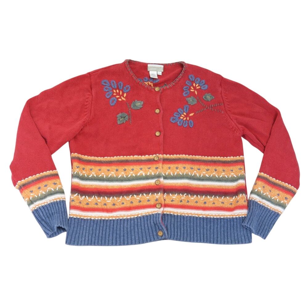 Vintage 90s Coldwater Creek Red Blue Floral Embroidered Cardigan Sweater L